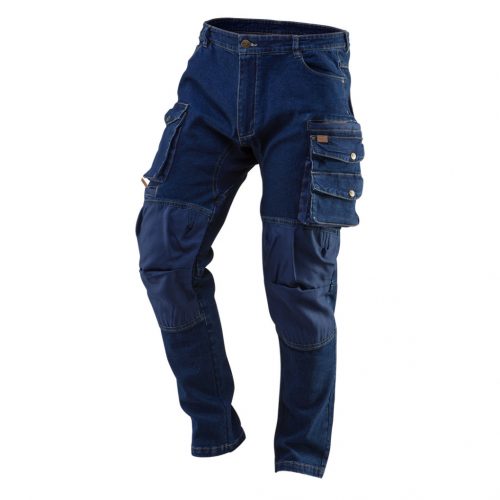 Munkanadrág, farmer, DENIM, 98% pamut, térdvédő betét zsebbel, gombos oldalzsebekkel, 255 g/m2, L